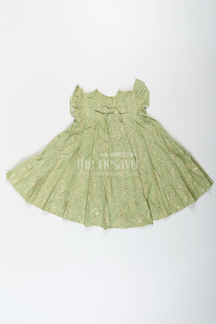 The Nesavu Girls Cotton Frock Summer Frock for Baby Girl in Rayon with Green Bandhani Print and Gold Foil Accents Nesavu Summer Frock Baby Girl Green Bandhani Printed Rayon Foil Detailing | The Nesavu