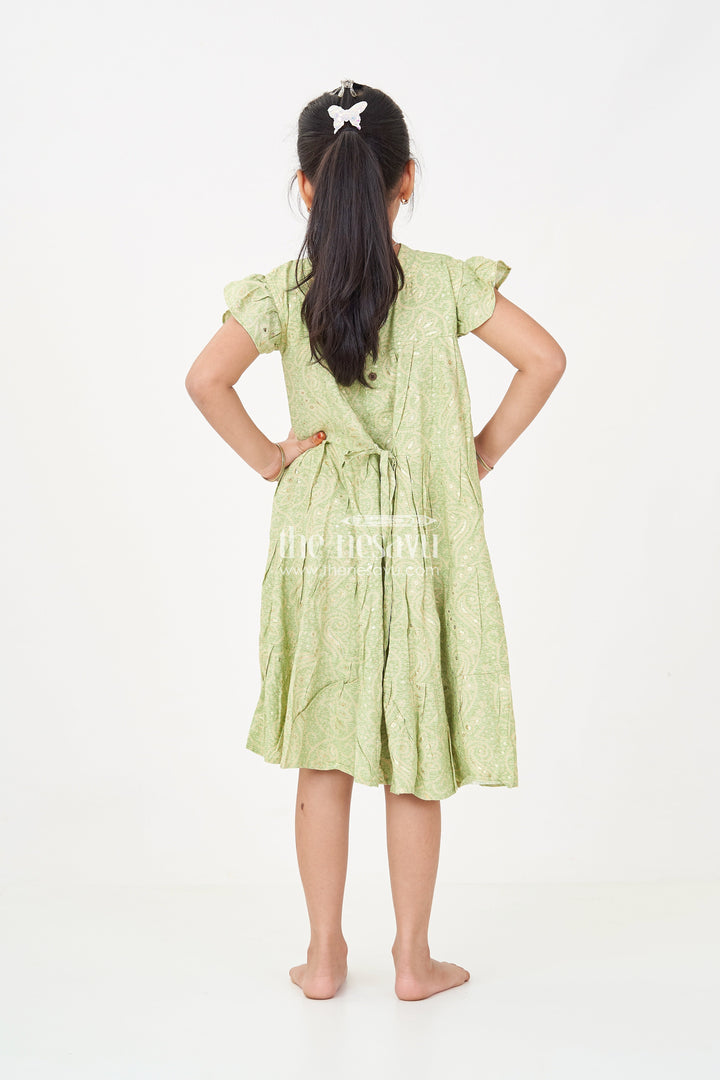 The Nesavu Girls Cotton Frock Summer Frock for Baby Girl in Rayon with Green Bandhani Print and Gold Foil Accents Nesavu Summer Frock Baby Girl Green Bandhani Printed Rayon Foil Detailing | The Nesavu