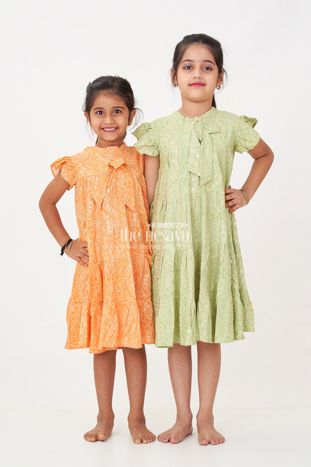 The Nesavu Girls Cotton Frock Summer Frock for Baby Girl in Rayon with Green Bandhani Print and Gold Foil Accents Nesavu Summer Frock Baby Girl Green Bandhani Printed Rayon Foil Detailing | The Nesavu