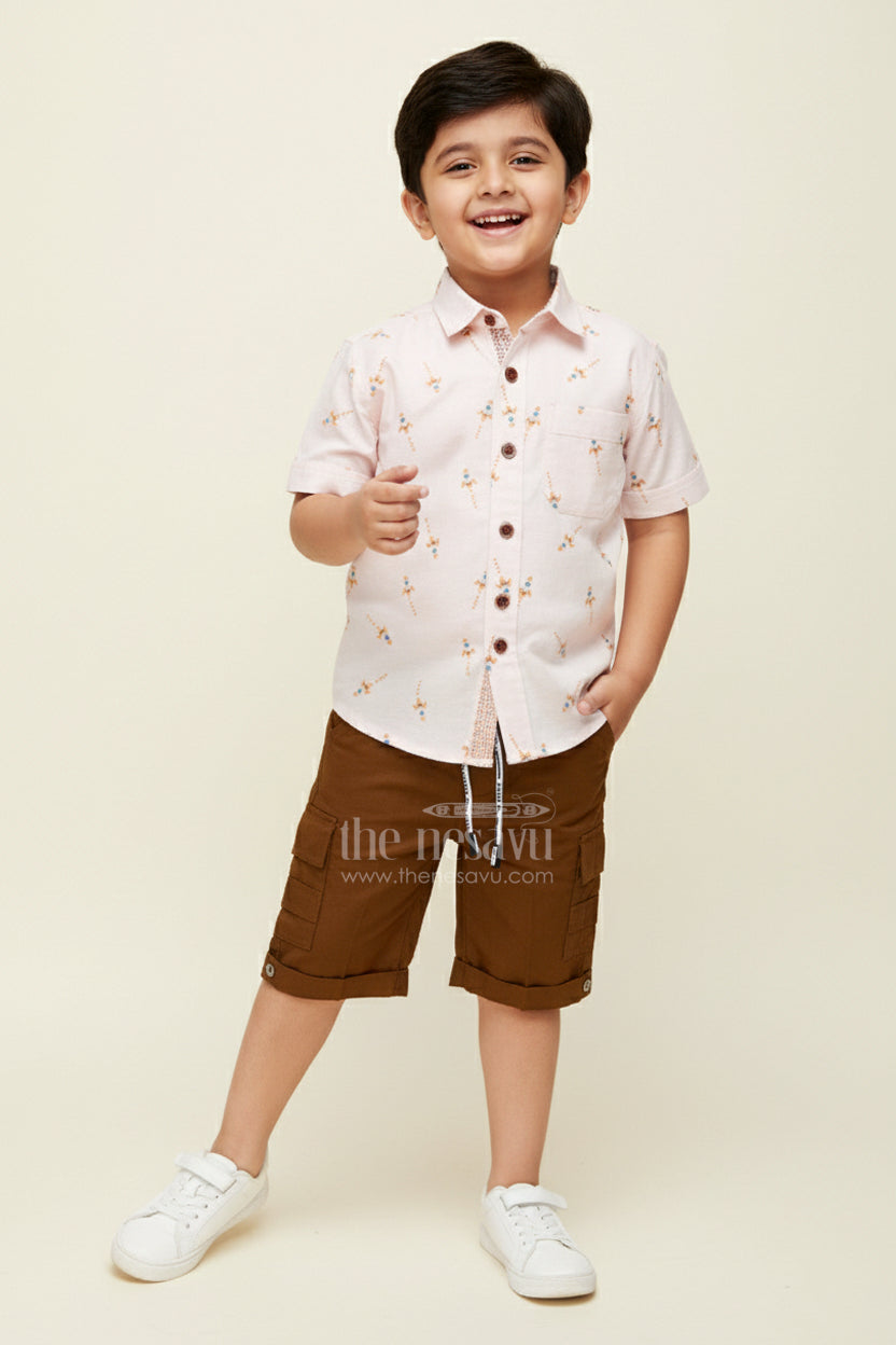The Nesavu Boys Casual Set Summer Outfit for Toddler Boys with Shirt and Shorts Nesavu 16 (1Y) / Brown BCS345A-16 Nesavu Toddler Boys Cotton Summer Set Button Down Shirt Brown Shorts Casual Cool Wear