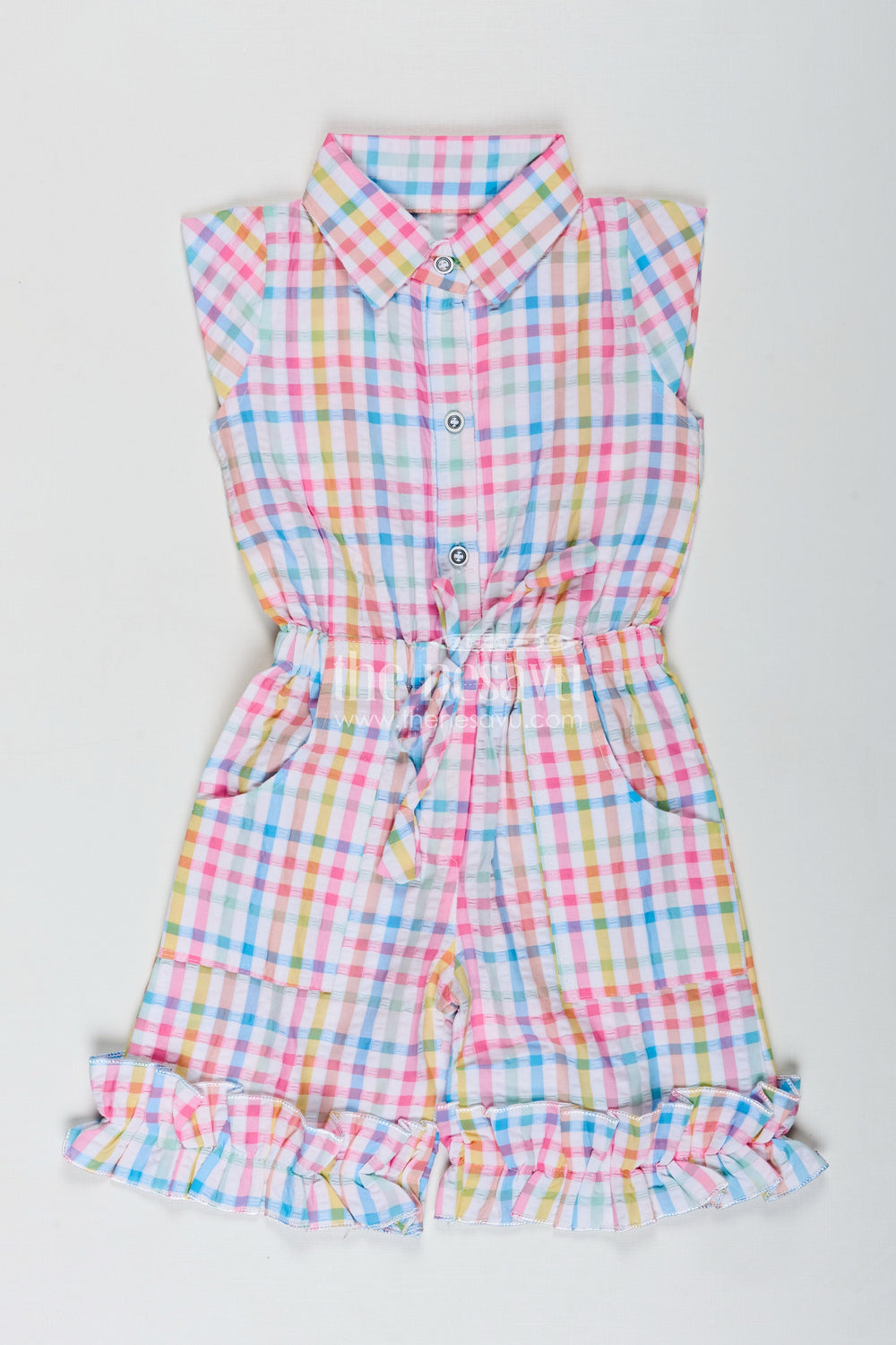 The Nesavu Girls Dungarees Summer Playsuit for Girls Checked Cotton Jumpsuit Nesavu 18 (2Y) / Multicolor GFC1841A-18 Nesavu Multicolor Checked Cotton Jumpsuit Girls Ruffle Trim Summer Comfort Design