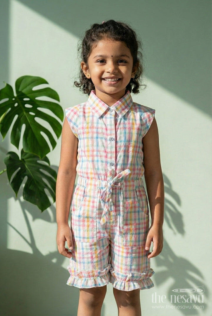 The Nesavu Girls Dungarees Summer Playsuit for Girls Checked Cotton Jumpsuit Nesavu 18 (2Y) / Multicolor GFC1841A-18 Nesavu Multicolor Checked Cotton Jumpsuit Girls Ruffle Trim Summer Comfort Design
