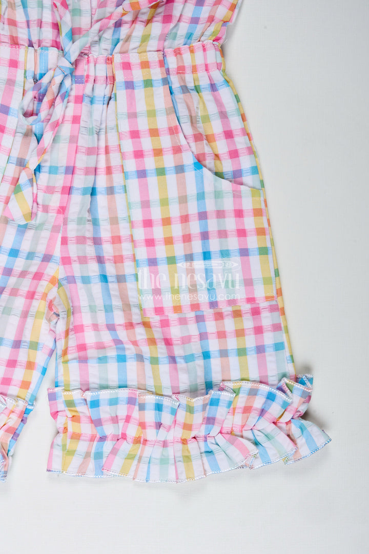 The Nesavu Girls Dungarees Summer Playsuit for Girls Checked Cotton Jumpsuit Nesavu Nesavu Multicolor Checked Cotton Jumpsuit Girls Ruffle Trim Summer Comfort Design