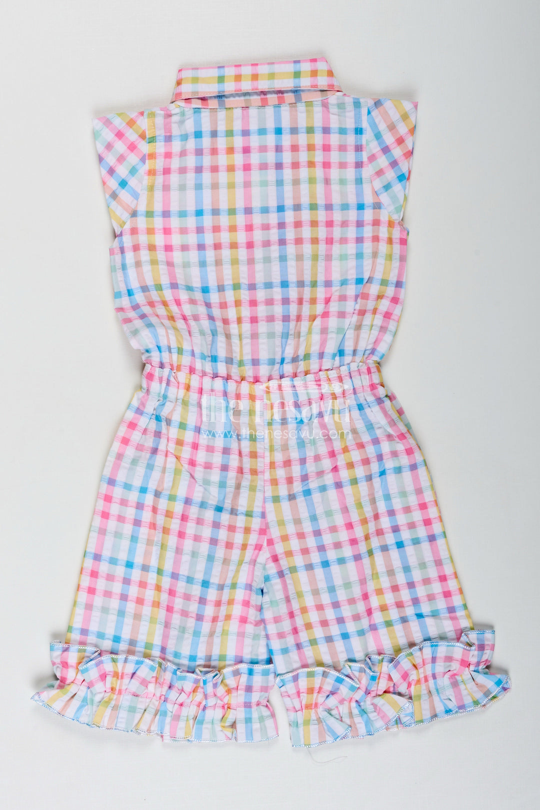 The Nesavu Girls Dungarees Summer Playsuit for Girls Checked Cotton Jumpsuit Nesavu Nesavu Multicolor Checked Cotton Jumpsuit Girls Ruffle Trim Summer Comfort Design