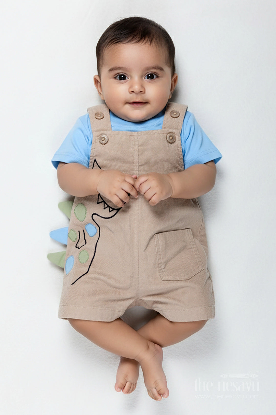 The Nesavu Boys Casual Set Summer Wear for Boys with Beige Corduroy Dinosaur Overalls and Soft Blue Cotton Tee Nesavu 12 (3M) / Blue BCS321B-12 Nesavu Summer Wear Boys Beige Dinosaur Corduroy Overalls Blue Cotton Tee