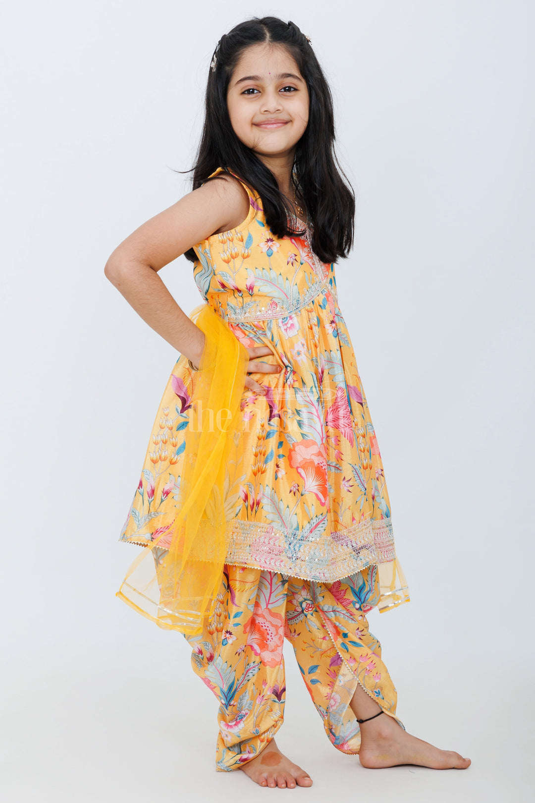 The Nesavu Girls Dothi Sets Sun-Kissed Elegance: Girl'S Aliacut Kurti with Dhoti Pant and Dupatta Set Nesavu Shop Vibrant Girl's Aliacut Kurti & Dhoti Pant Set with Dupatta | The Nesavu