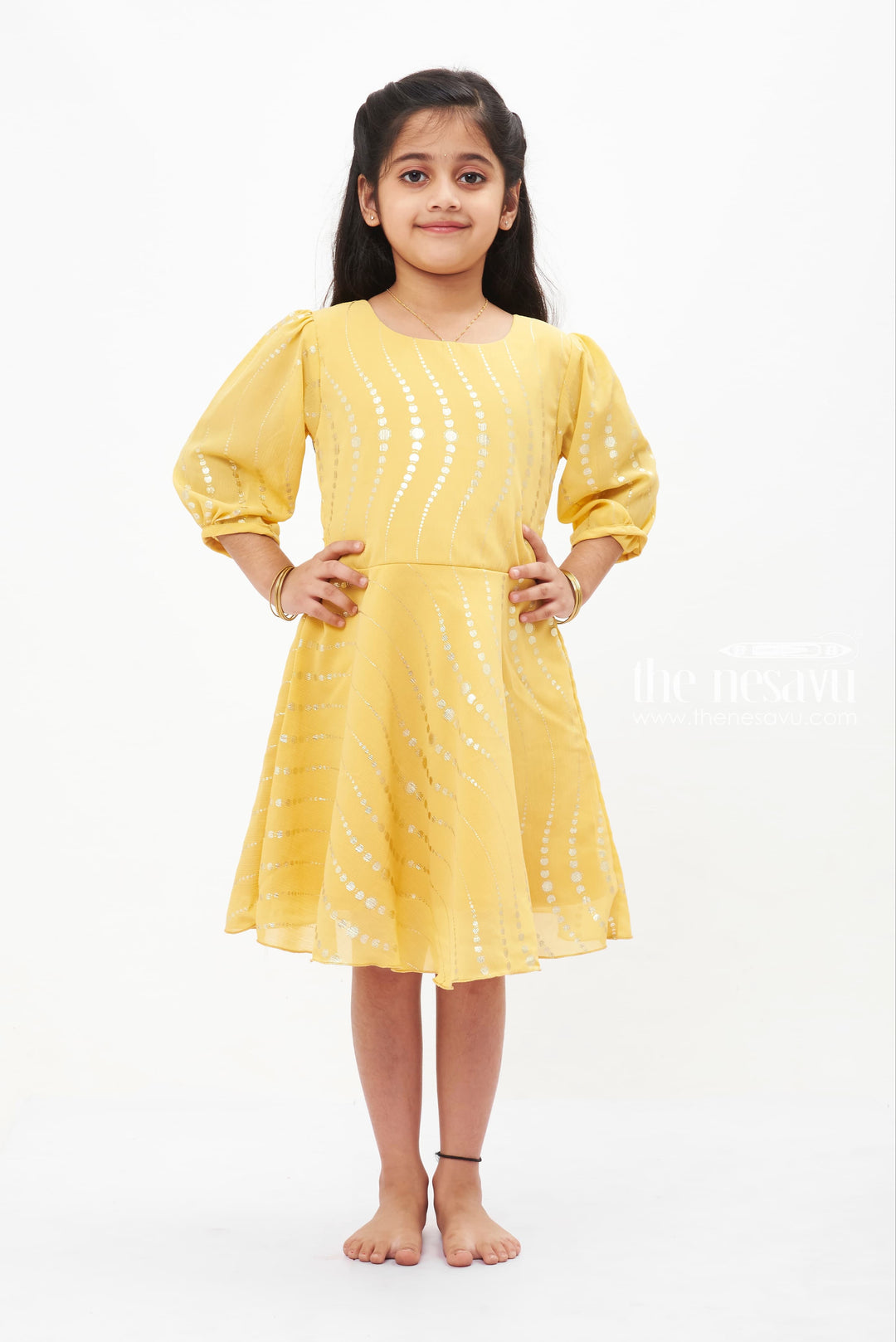 The Nesavu Girls Fancy Frock Sunbeam Sequin Dance Dress: Radiant Yellow with Dazzling Accents for Girls Nesavu 18 (2Y) / Yellow GFC1211B-18 Girls' Yellow Sequin Party Dress | Long Sleeve Sparkle Dress | The Nesavu