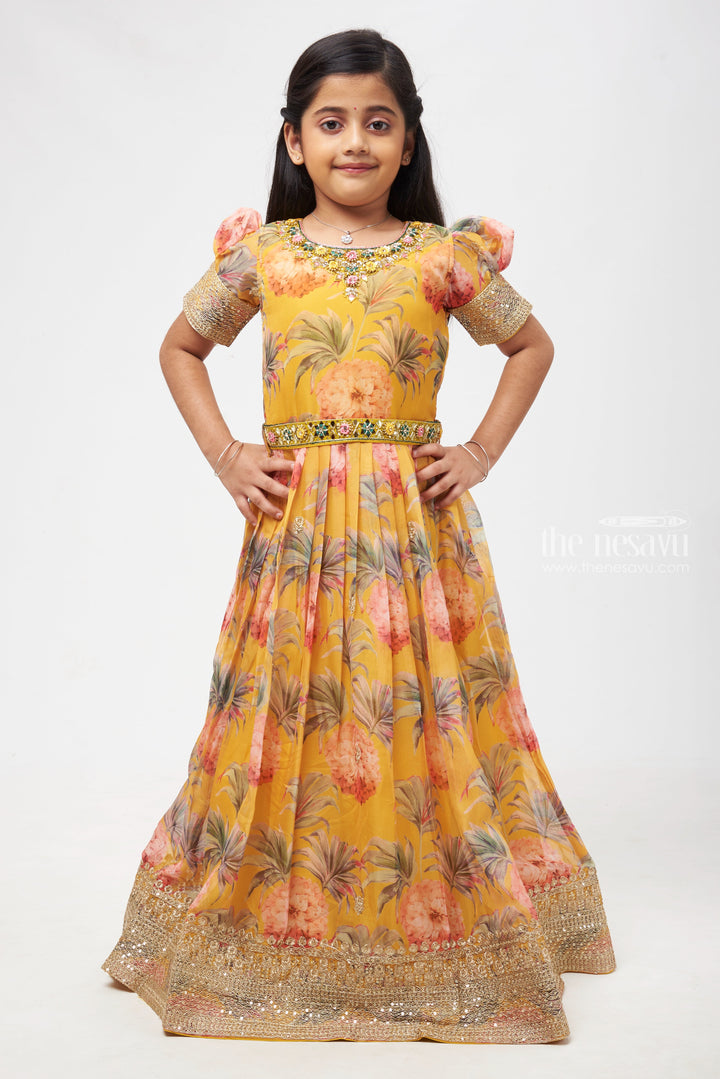 The Nesavu Girls Party Gown Sunflower Elegance: Aari Embroidered Floral Yellow Organza Anarkali Gown for Girls- Full Length Festive Wear Nesavu 18 (2Y) / Yellow / Organza Printed GA166A-18 Elegant Churidar Anarkali Online | Festive Wear Anarkali Gown | The Nesavu