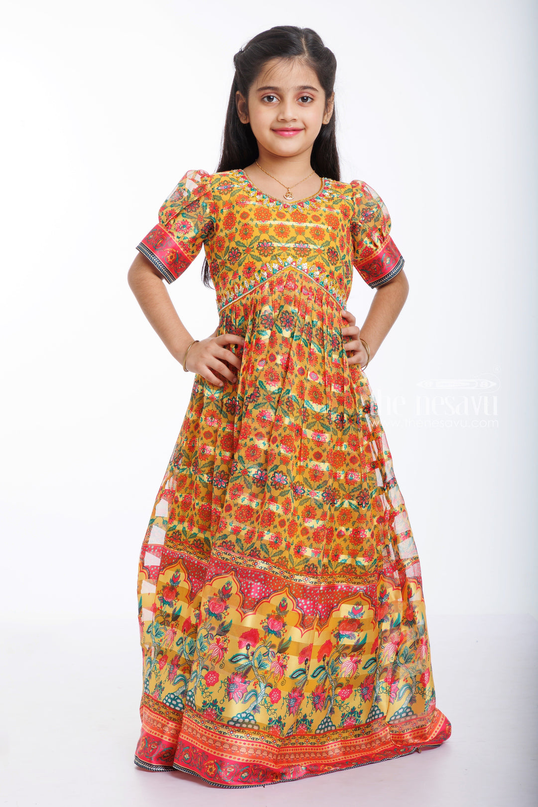 The Nesavu Girls Party Gown Sunkissed Meadow Aliacut Anarkali Gown for Girls Nesavu 24 (5Y) / Yellow / Georgette GA211A-24 Girls Floral Aliacut Anarkali Gown | Vibrant Festive Wear for Kids | The Nesavu