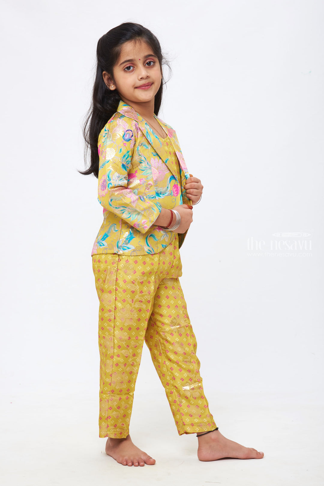 The Nesavu Girls Sharara / Plazo Set Sunlit Days: Girls Pastel Floral Crop Top with Yellow Patterned Pant and Blazer Set Nesavu Girls Floral Crop Top, Patterned Pant, and Blazer Set | Elegant Pastels Meet Youthful Charm | The Nesavu