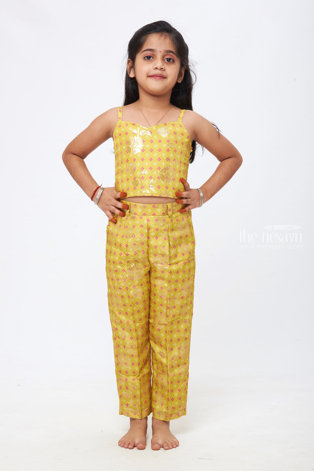 The Nesavu Girls Sharara / Plazo Set Sunlit Days: Girls Pastel Floral Crop Top with Yellow Patterned Pant and Blazer Set Nesavu Girls Floral Crop Top, Patterned Pant, and Blazer Set | Elegant Pastels Meet Youthful Charm | The Nesavu