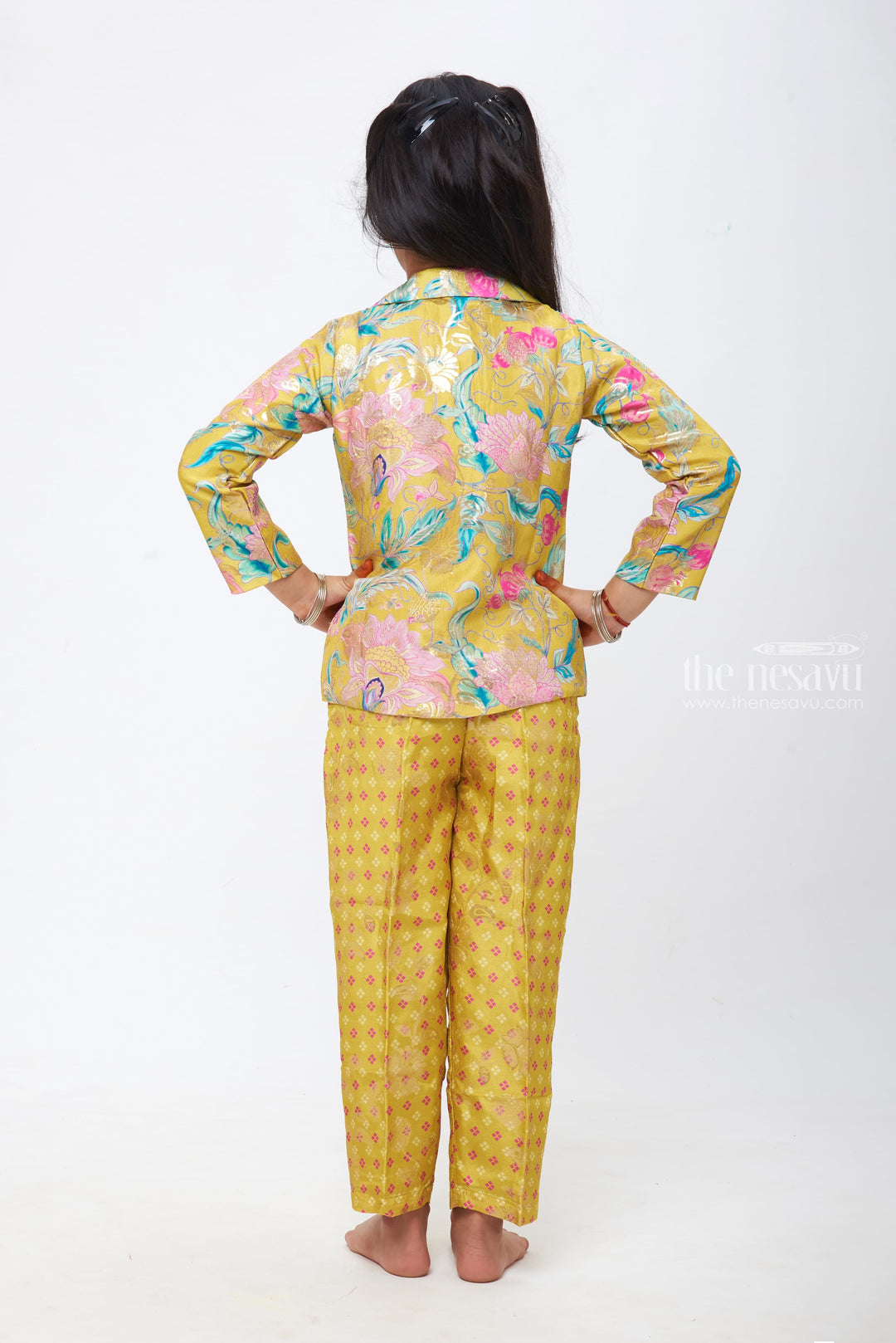 The Nesavu Girls Sharara / Plazo Set Sunlit Days: Girls Pastel Floral Crop Top with Yellow Patterned Pant and Blazer Set Nesavu Girls Floral Crop Top, Patterned Pant, and Blazer Set | Elegant Pastels Meet Youthful Charm | The Nesavu