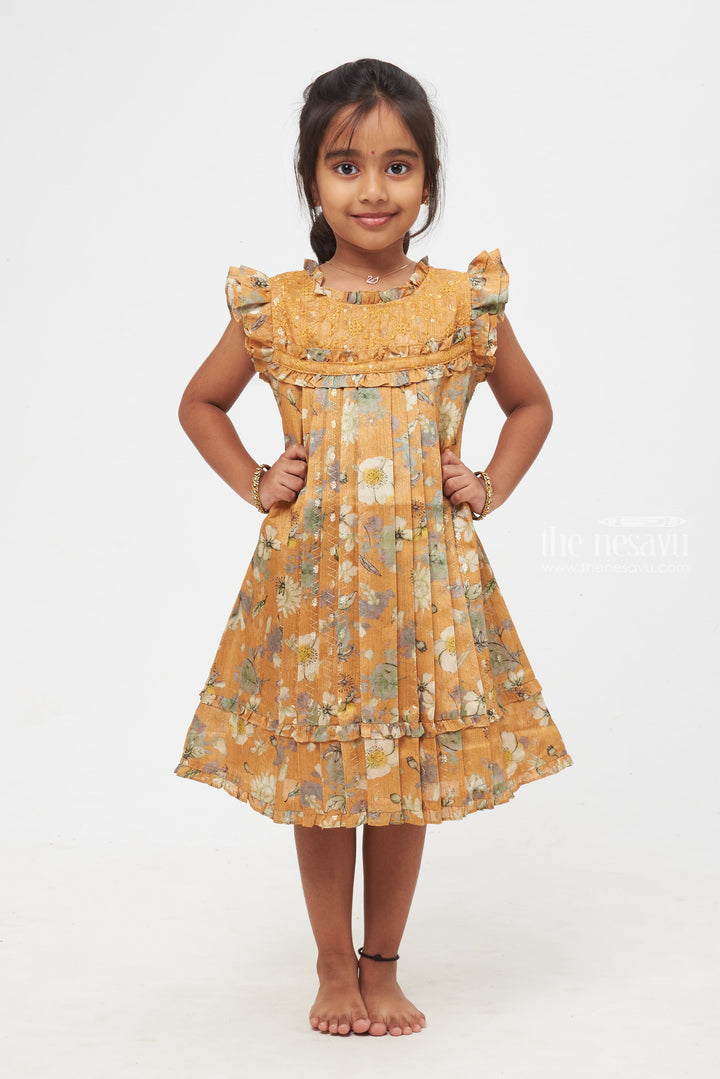 The Nesavu Girls Cotton Frock Sunlit Garden Elegance : Charming Floral-Printed Yellow Frock for Girls Nesavu 22 (4Y) / Yellow / Silk Blend GFC1163B-22 Exquisite Floral-Printed Yellow Frock for Girls | The Nesavu