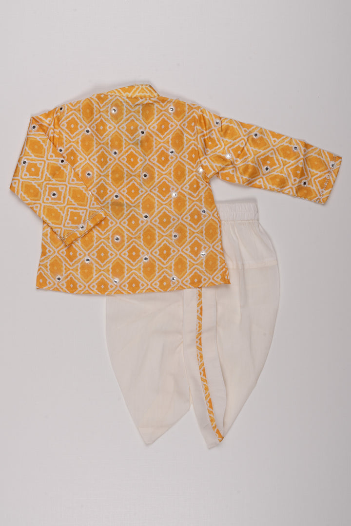 The Nesavu Boys Dothi Set Sunlit Gold: Mirror-Embroidered Geometric Printed Yellow Kurta & Panjagacham Set for Boys Nesavu Boys Festive Kurta Dhoti Sets | Exclusive Indian Festive Wear | The Nesavu