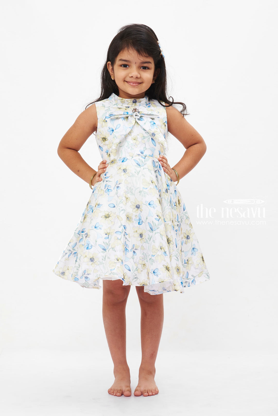 The Nesavu Girls Fancy Frock Sunny Blossom Delight: Girls' Cream Floral Dress with Sparkling Collar Detail Nesavu 16 (1Y) / Yellow GFC1187A-16 Girls Cream Floral Sleeveless Dress | Sparkling Collar | Joyful Day Wear | The Nesavu