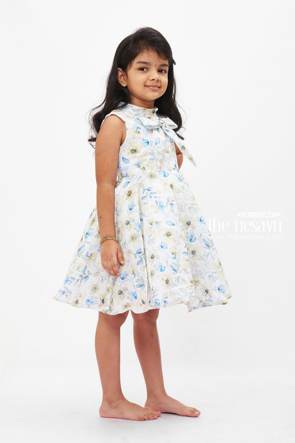 The Nesavu Girls Fancy Frock Sunny Blossom Delight: Girls' Cream Floral Dress with Sparkling Collar Detail Nesavu Girls Cream Floral Sleeveless Dress | Sparkling Collar | Joyful Day Wear | The Nesavu