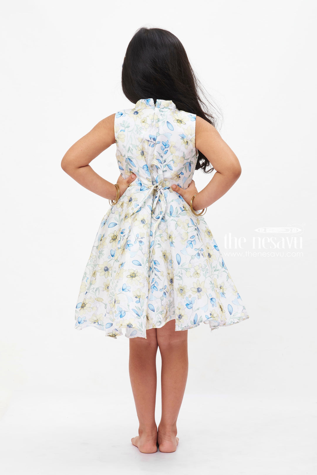 The Nesavu Girls Fancy Frock Sunny Blossom Delight: Girls' Cream Floral Dress with Sparkling Collar Detail Nesavu Girls Cream Floral Sleeveless Dress | Sparkling Collar | Joyful Day Wear | The Nesavu