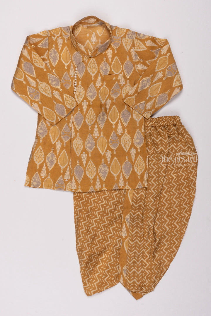 The Nesavu Boys Dothi Set Sunny Delight: Yellow Bagh Print Kurta & Whimsical Wave Dhoti Panjakajam Ensemble for Boys Nesavu 12 (3M) / Yellow / Chanderi BES374A-12 Exclusive Boys Panchagajam Collection | Traditional Indian Boys Attire | The Nesavu