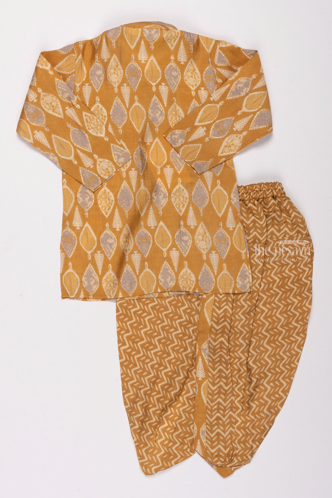 The Nesavu Boys Dothi Set Sunny Delight: Yellow Bagh Print Kurta & Whimsical Wave Dhoti Panjakajam Ensemble for Boys Nesavu Exclusive Boys Panchagajam Collection | Traditional Indian Boys Attire | The Nesavu