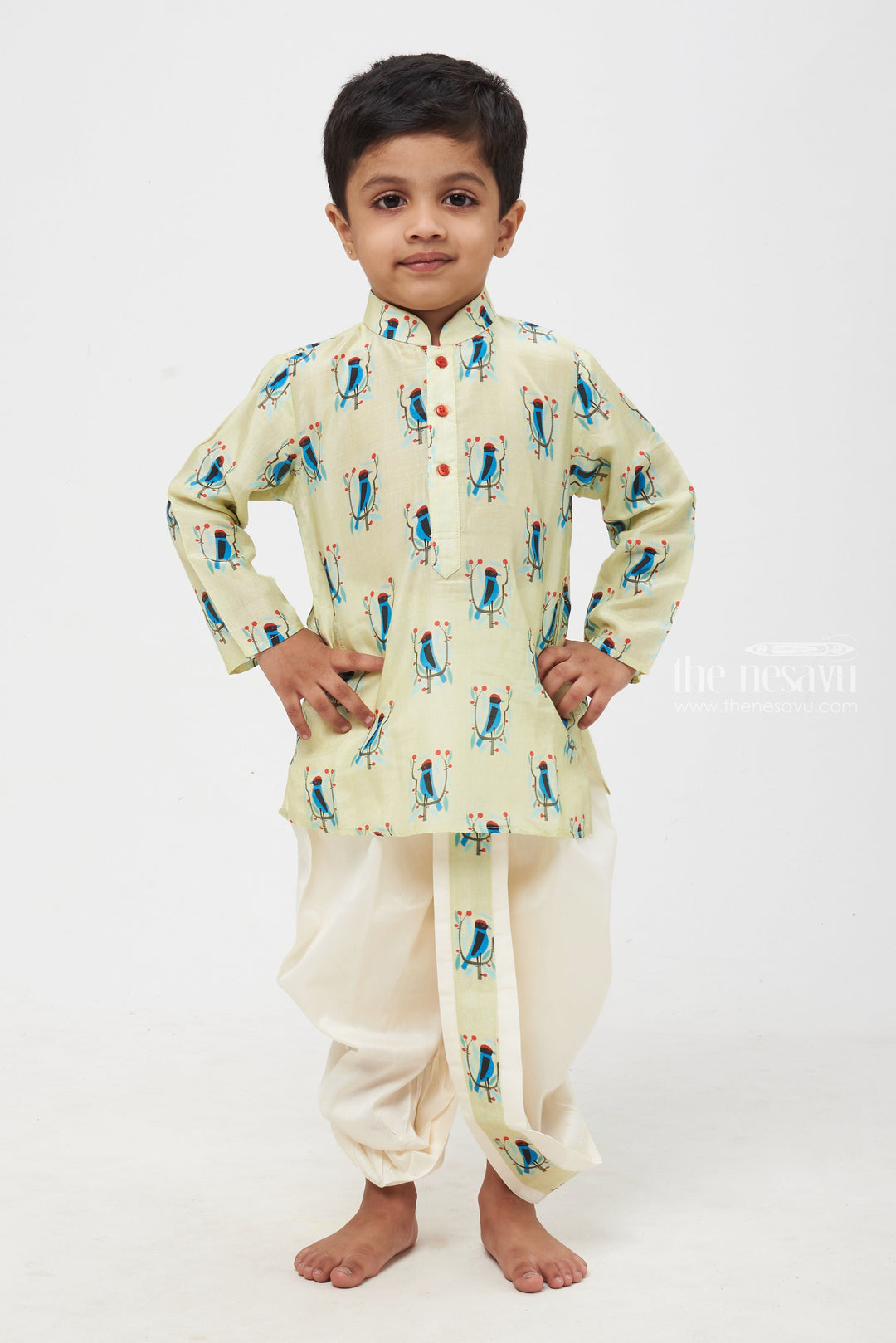 The Nesavu Boys Dothi Set Sunny Songbird: Radiant Bird Print Yellow Kurta with Coordinated Panchagajam for Boys Nesavu 12 (3M) / Yellow / Muslin Silk BES389A-12 Children's Ethnic Attire | Traditional Indian Boys Clothing | The Nesavu