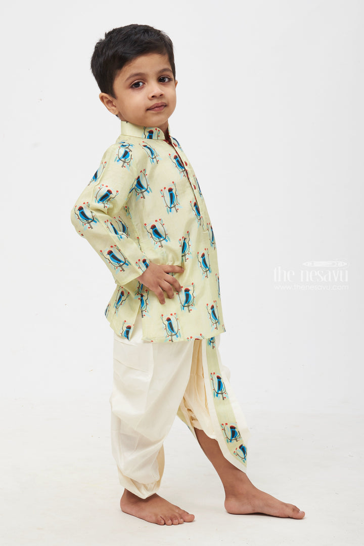 The Nesavu Boys Dothi Set Sunny Songbird: Radiant Bird Print Yellow Kurta with Coordinated Panchagajam for Boys Nesavu Children's Ethnic Attire | Traditional Indian Boys Clothing | The Nesavu