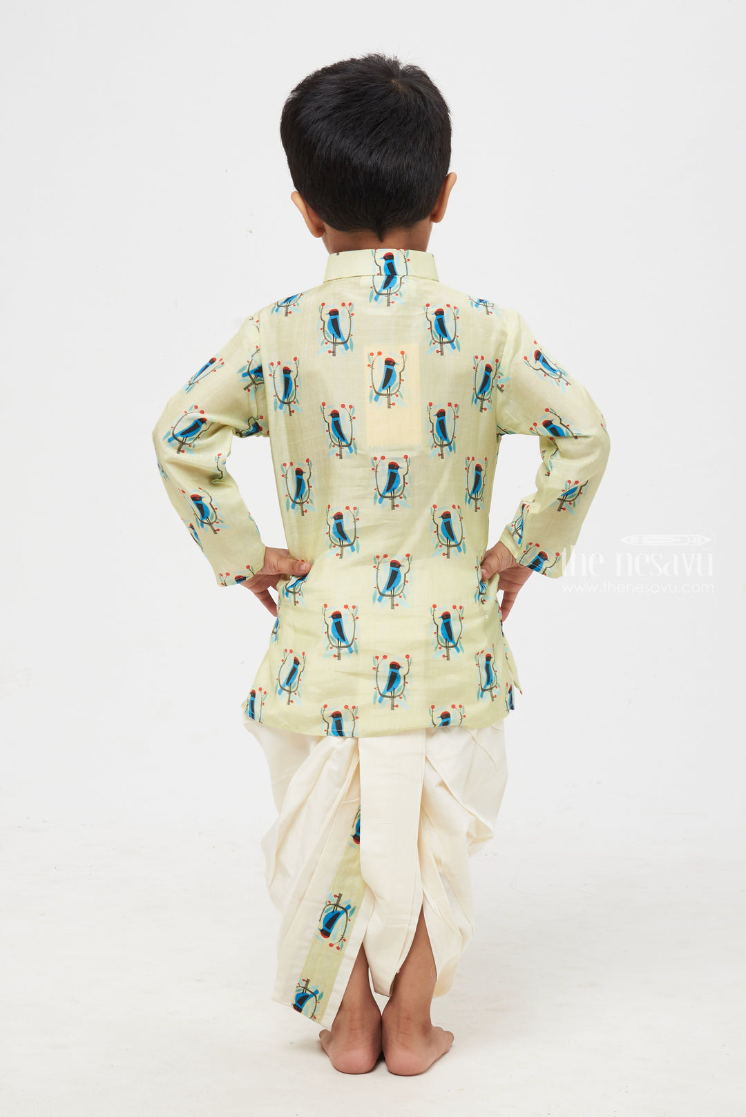 The Nesavu Boys Dothi Set Sunny Songbird: Radiant Bird Print Yellow Kurta with Coordinated Panchagajam for Boys Nesavu Children's Ethnic Attire | Traditional Indian Boys Clothing | The Nesavu