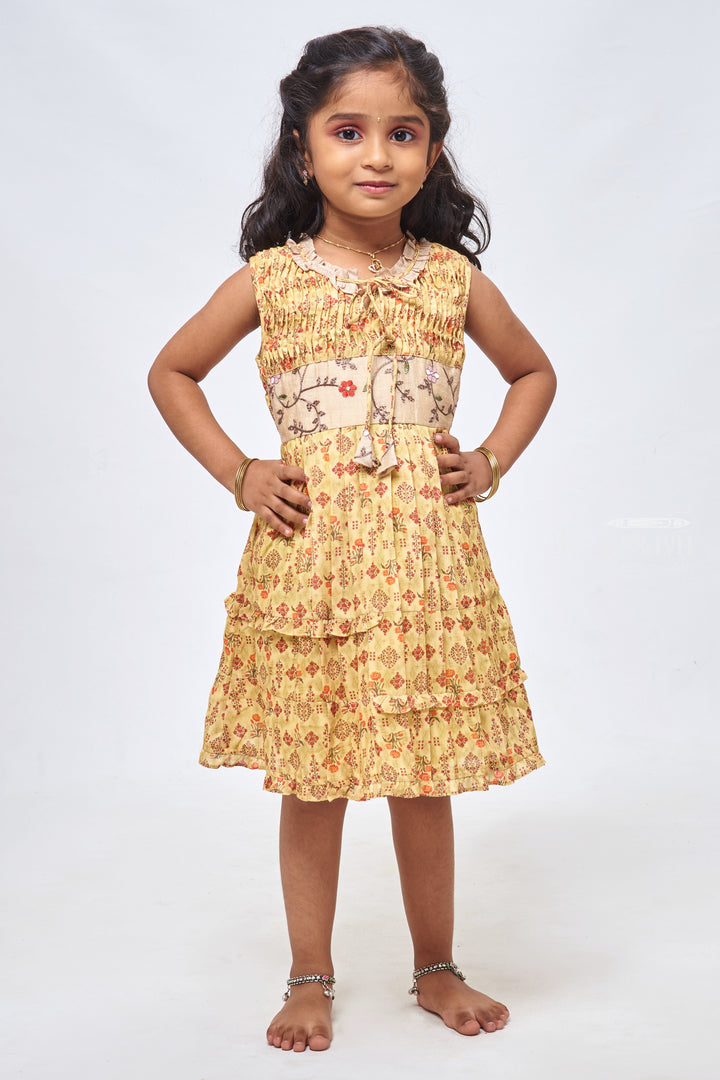 The Nesavu Girls Cotton Frock Sunny Vibes: Floral Printed Pleated Yellow Cotton Frock for Girls Nesavu 22 (4Y) / Yellow / Chanderi GFC1155B-22 Shop Elegant Cotton Frocks: Stylish & Casual Dresses for Kids