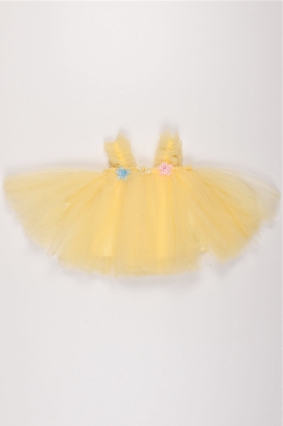 The Nesavu Girls Tutu Frock Sunny Yellow Tulle Dress with Floral Accents for Girls Nesavu 10 (NB) / Yellow / Plain Net PF169A-10 Girls Yellow Tulle Floral Dress | Pastel Flower Party Dress for Kids | The Nesavu