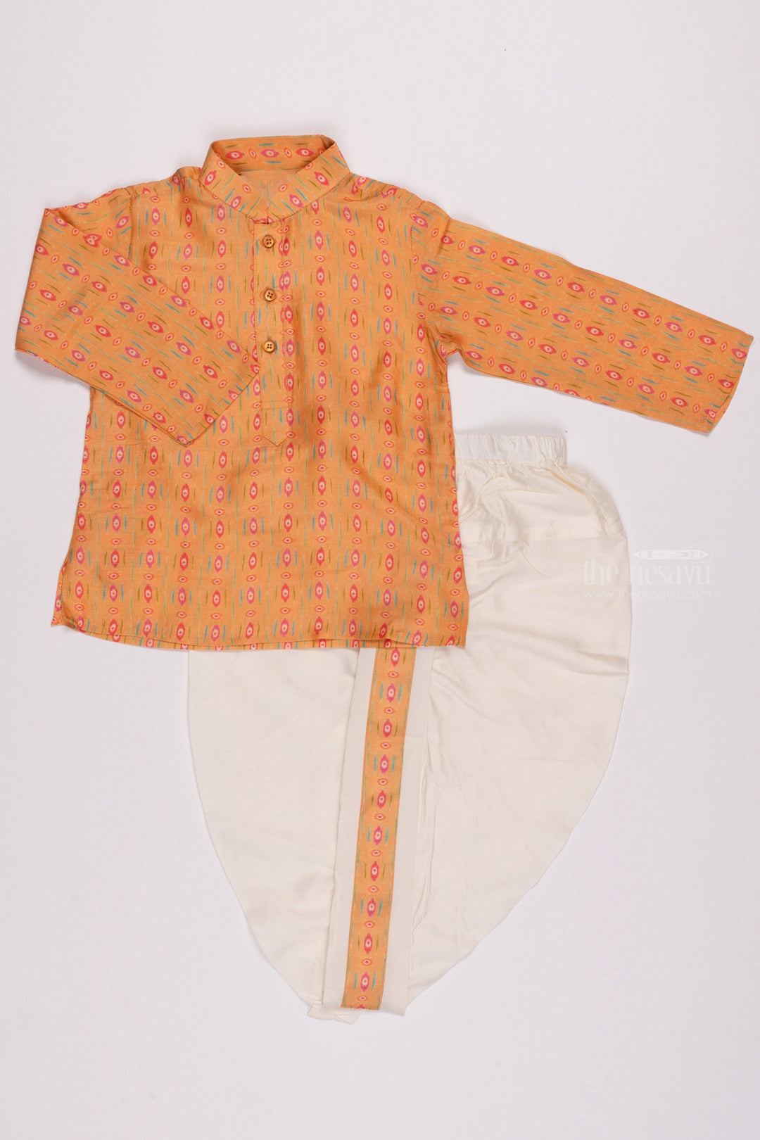 The Nesavu Boys Dothi Set Sunrise Splendor: Captivating Ikat Print Orange Kurta with Classic White Dhoti for Boys Nesavu 12 (3M) / Orange / Muslin Silk BES391B-12 Premium & Latest Boys Kurta Collection | Traditional Kurta with Dhoti Set | The Nesavu