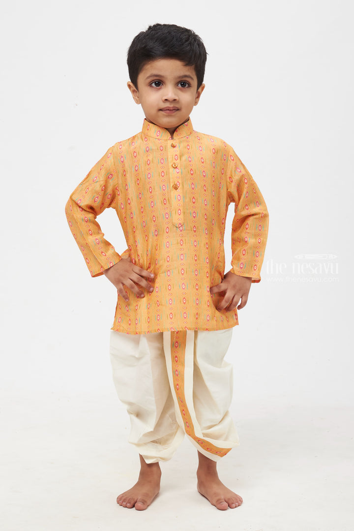 The Nesavu Boys Dothi Set Sunrise Splendor: Captivating Ikat Print Orange Kurta with Classic White Dhoti for Boys Nesavu 12 (3M) / Orange / Muslin Silk BES391B-12 Premium & Latest Boys Kurta Collection | Traditional Kurta with Dhoti Set | The Nesavu