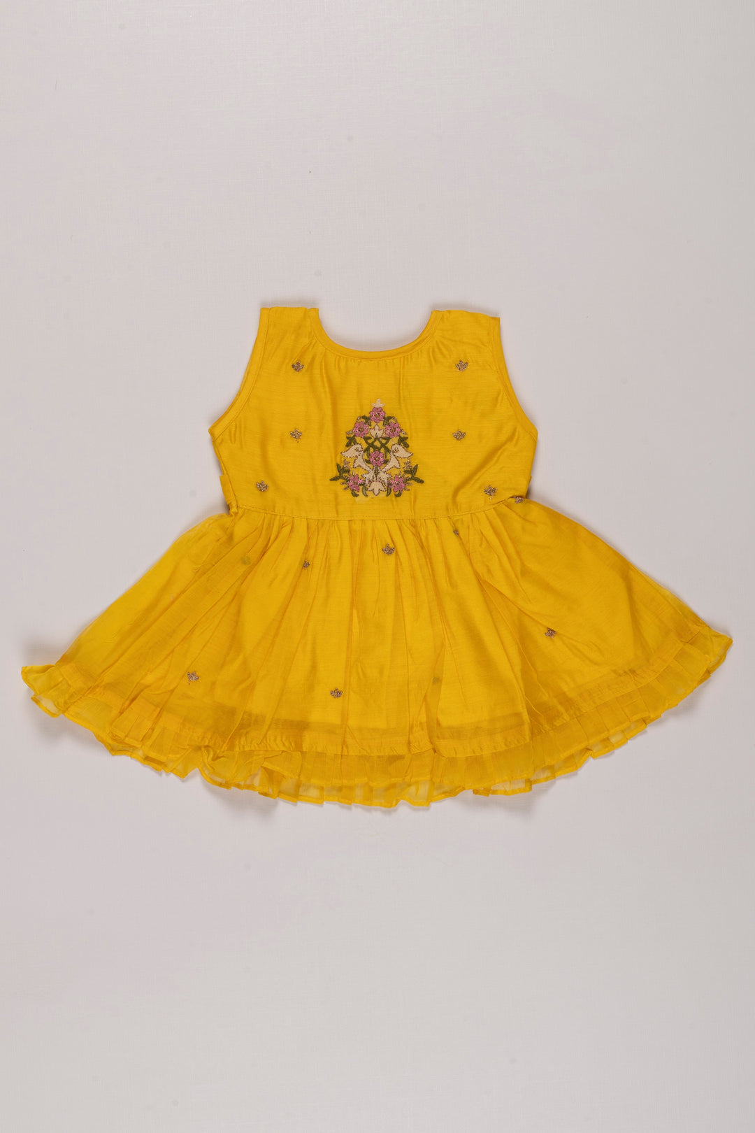 The Nesavu Girls Cotton Frock Sunshine Embroidered Cotton Frock with Ruffle Hem for Girls Nesavu 12 (3M) / Yellow GFC1237A-12 Girls Bright Summer Cotton Dress Choices | Embroidered Yellow Frock | The Nesavu