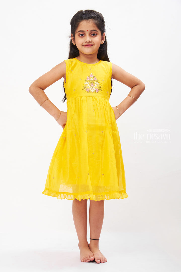 The Nesavu Girls Cotton Frock Sunshine Embroidered Cotton Frock with Ruffle Hem for Girls Nesavu 12 (3M) / Yellow GFC1237A-12 Girls Bright Summer Cotton Dress Choices | Embroidered Yellow Frock | The Nesavu