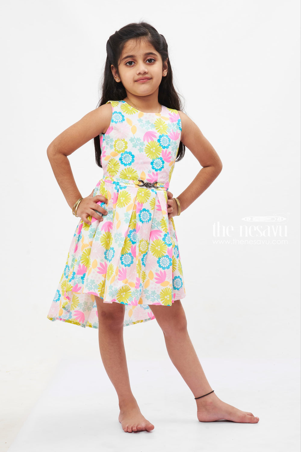 The Nesavu Girls Fancy Frock Sunshine Floral High-Low Cotton Dress: Bright Summer Print for Girls Nesavu Girls' Summer High-Low Dress | Cotton Floral Print | The Nesavu