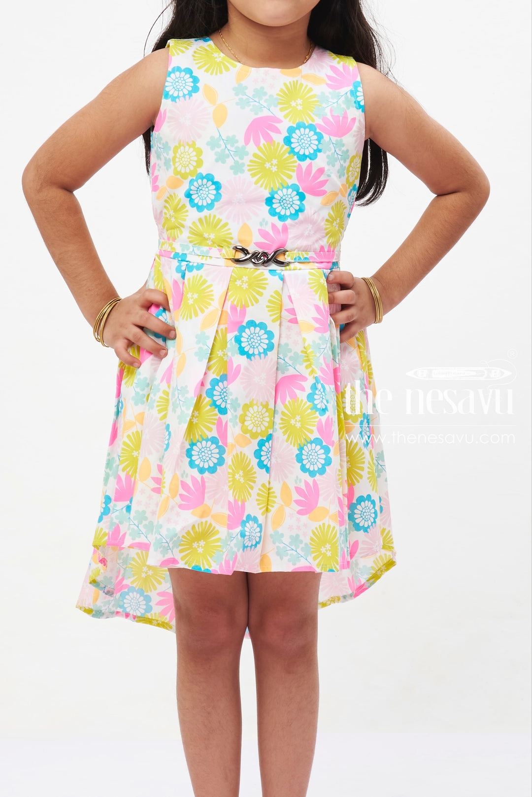 The Nesavu Girls Fancy Frock Sunshine Floral High-Low Cotton Dress: Bright Summer Print for Girls Nesavu Girls' Summer High-Low Dress | Cotton Floral Print | The Nesavu