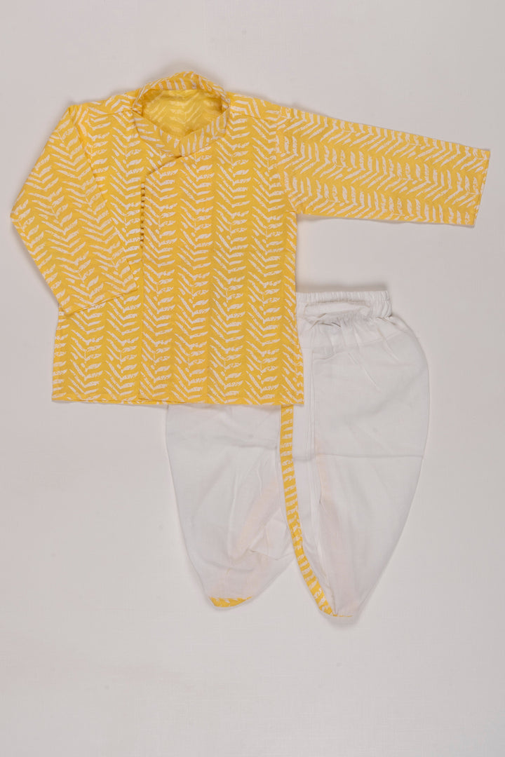 The Nesavu Boys Dothi Set Sunshine Yellow Chevron Kurta with White Dhoti Set for Boys - Vibrant Ethnic Elegance Nesavu 12 (3M) / Yellow BES501B-12 Boys Chevron Kurta Dhoti Set in Yellow | Festive & Fun Ethnic Wear | The Nesavu