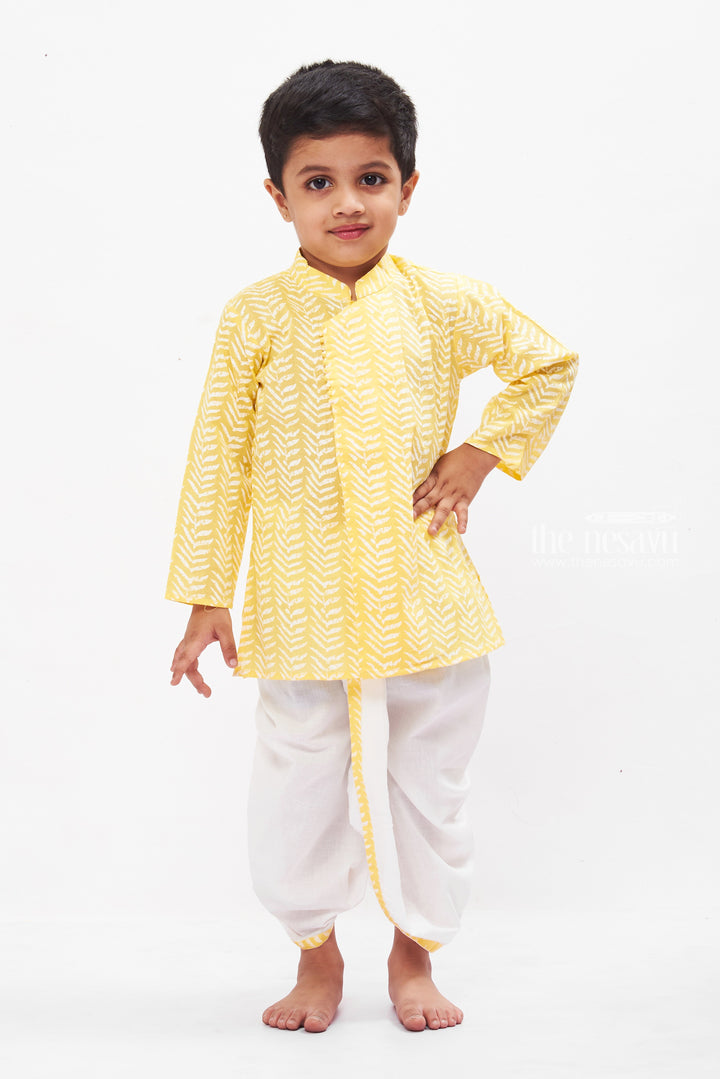 The Nesavu Boys Dothi Set Sunshine Yellow Chevron Kurta with White Dhoti Set for Boys - Vibrant Ethnic Elegance Nesavu 12 (3M) / Yellow BES501B-12 Boys Chevron Kurta Dhoti Set in Yellow | Festive & Fun Ethnic Wear | The Nesavu