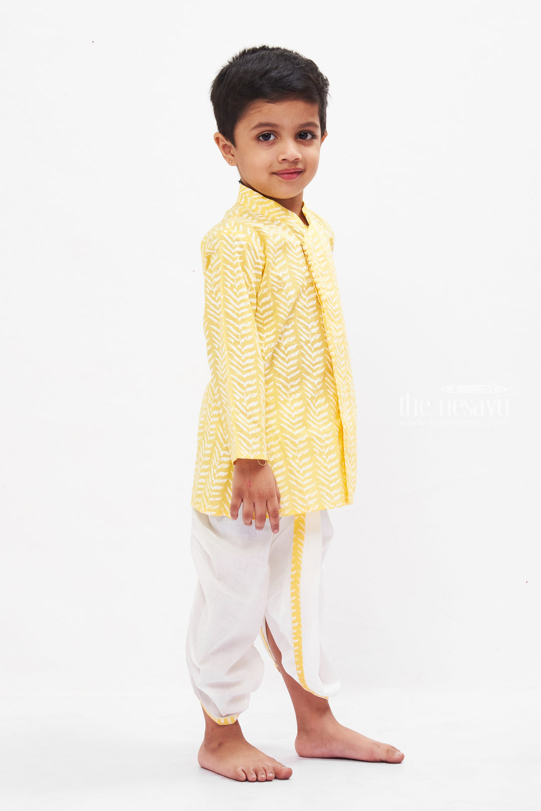 The Nesavu Boys Dothi Set Sunshine Yellow Chevron Kurta with White Dhoti Set for Boys - Vibrant Ethnic Elegance Nesavu Boys Chevron Kurta Dhoti Set in Yellow | Festive & Fun Ethnic Wear | The Nesavu