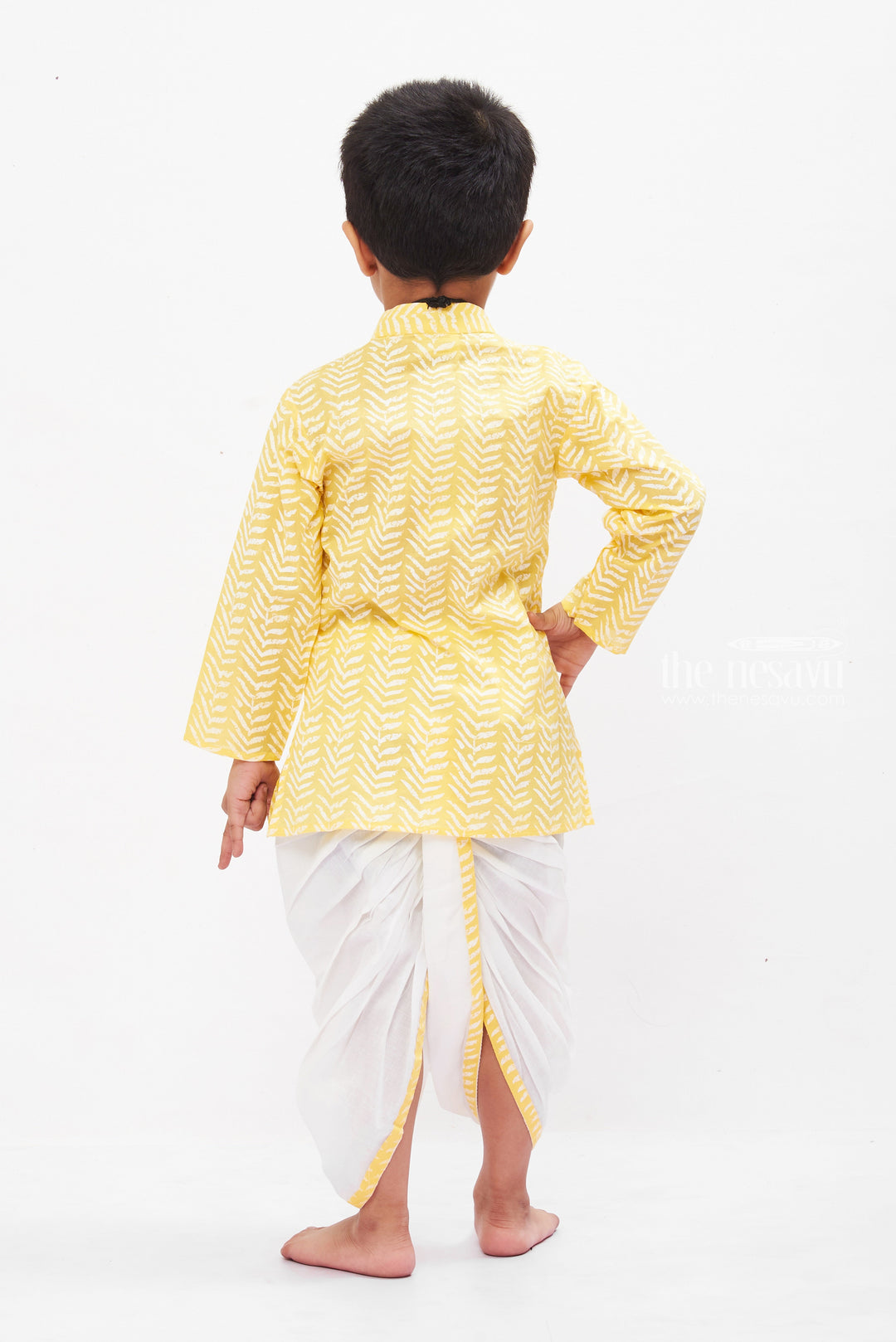 The Nesavu Boys Dothi Set Sunshine Yellow Chevron Kurta with White Dhoti Set for Boys - Vibrant Ethnic Elegance Nesavu Boys Chevron Kurta Dhoti Set in Yellow | Festive & Fun Ethnic Wear | The Nesavu