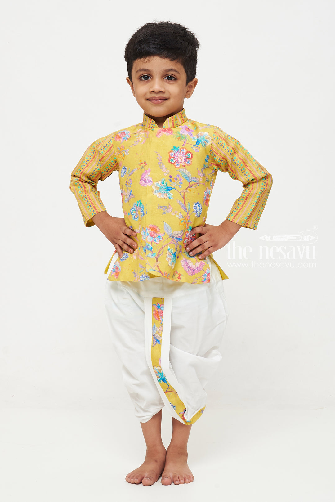 The Nesavu Boys Dothi Set Sunshine Yellow Floral Boys Ethnic Kurta Dhoti Set Nesavu