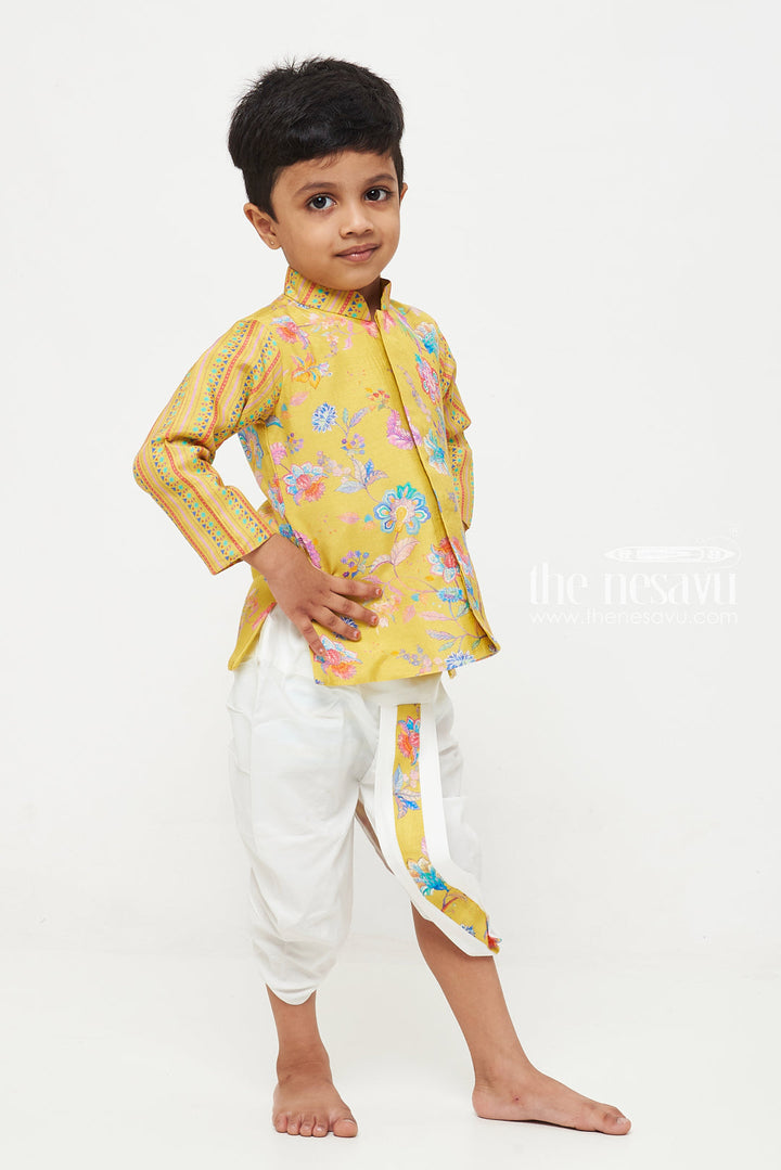 The Nesavu Boys Dothi Set Sunshine Yellow Floral Boys Ethnic Kurta Dhoti Set Nesavu