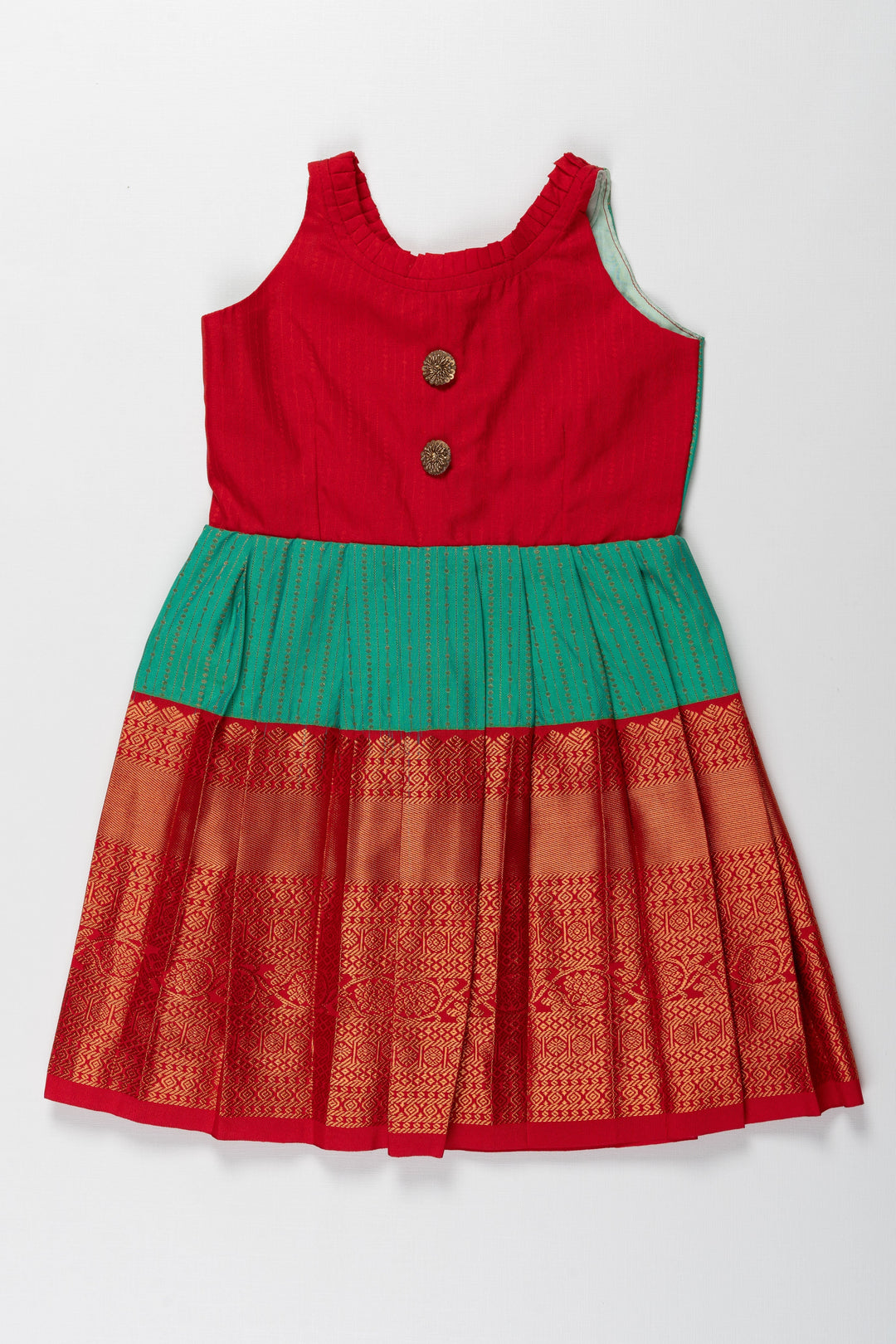 The Nesavu Girls Kanchi Silk Frock Suti Kanchivaram Silk Frock for Kids - Perfect for Ganesh Chaturthi Nesavu 14 (6M) / Green / Style 3 SF792C-14 Suti Kanchivaram Silk Frock for Kids - Ideal for Ganesh Chaturthi