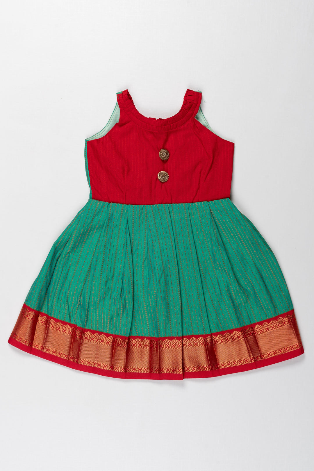 The Nesavu Girls Kanchi Silk Frock Suti Kanchivaram Silk Frock for Kids - Perfect for Ganesh Chaturthi Nesavu 14 (6M) / Green / Style 5 SF792E-14 Suti Kanchivaram Silk Frock for Kids - Ideal for Ganesh Chaturthi