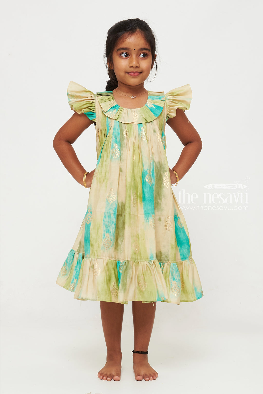 The Nesavu Girls Chanderi Frock Teal and Green Designer Printed Chanderi Pleated Frock for Girls Nesavu 16 (1Y) / Blue GFC1338B-16 Teal and Green Chanderi Pleated Frock for Girls - Stylish & Sophisticated | The Nesavu