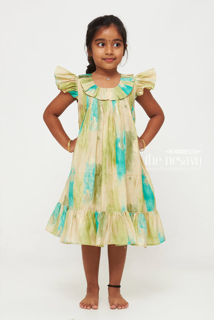 The Nesavu Girls Chanderi Frock Teal and Green Designer Printed Chanderi Pleated Frock for Girls Nesavu 16 (1Y) / Blue GFC1338B-16 Teal and Green Chanderi Pleated Frock for Girls - Stylish & Sophisticated | The Nesavu