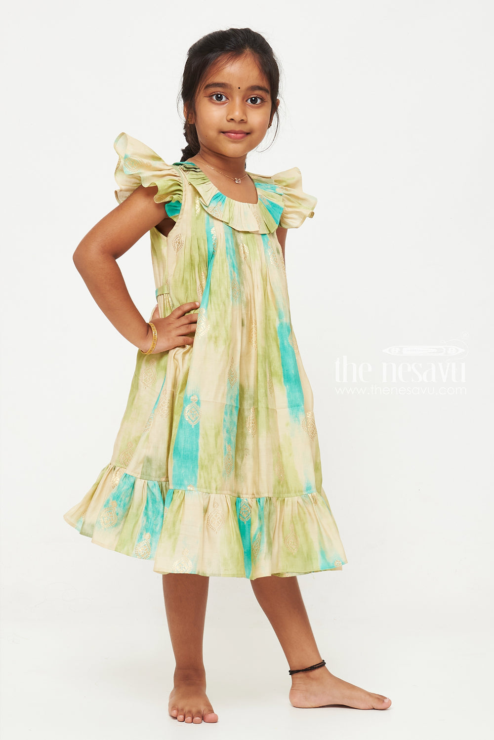 The Nesavu Girls Fancy Frock Teal and Green Designer Printed Chanderi Pleated Frock for Girls Nesavu Teal and Green Chanderi Pleated Frock for Girls - Stylish & Sophisticated