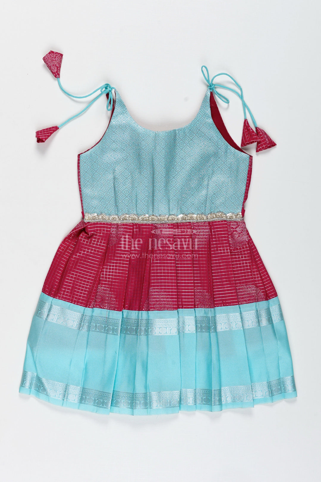 The Nesavu Tie-up Frock Teal and Maroon Tie-Up Frock for Baby Girls Perfect for Festivals and Poojas Nesavu 14 (6M) / Blue / Style 1 SF998EA-14 Nesavu Teal And Maroon Tie-Up Frock For Baby Girls Ethnic Silk Dress For Traditional Functions
