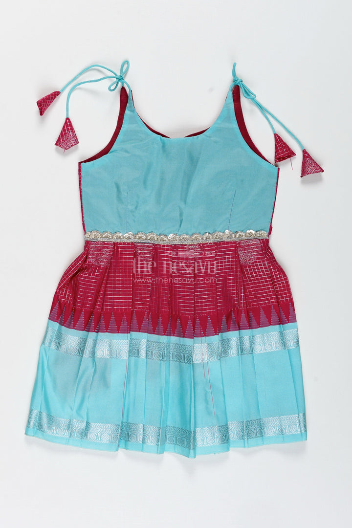 The Nesavu Tie-up Frock Teal and Maroon Tie-Up Frock for Baby Girls Perfect for Festivals and Poojas Nesavu 14 (6M) / Blue / Style 2 SF998EB-14 Nesavu Teal And Maroon Tie-Up Frock For Baby Girls Ethnic Silk Dress For Traditional Functions