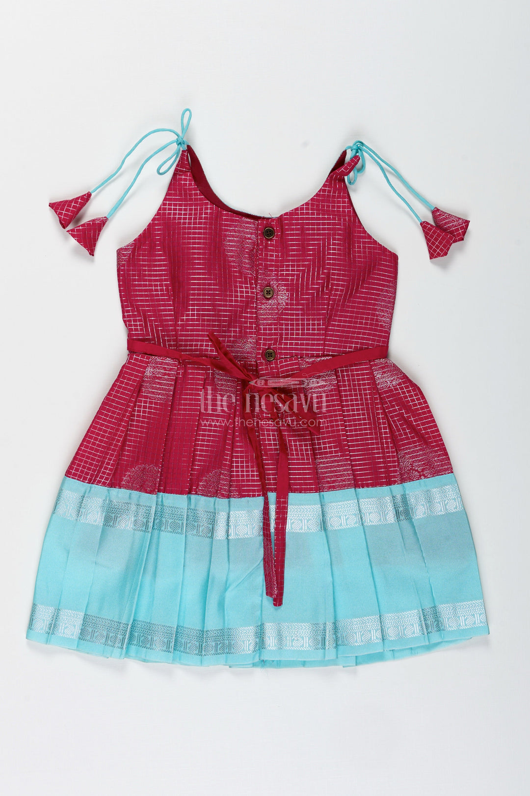 The Nesavu Tie-up Frock Teal and Maroon Tie-Up Frock for Baby Girls Perfect for Festivals and Poojas Nesavu Nesavu Teal And Maroon Tie-Up Frock For Baby Girls Ethnic Silk Dress For Traditional Functions