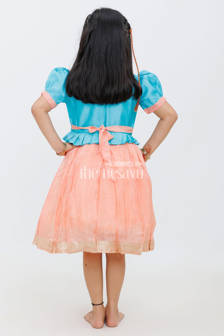 The Nesavu Silk Party Frock Teal and Peach Semi-Organza Silk Frock with Zari Border for Girls Nesavu Teal Peach Girls Silk Frock Golden Zari Border Weddings Festivities