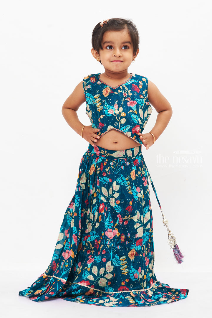 The Nesavu Girls Lehenga Choli Teal Blossom Lehenga Choli for Girls - Festive and Vibrant Ensemble for Eid Nesavu 16 (1Y) / Green / Georgette GL433A-16 Girls Teal Floral Lehenga Choli | Perfect for Eid & Tamil New Year Festivities | The Nesavu